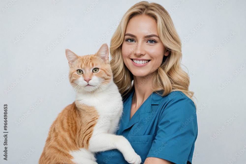 Portrait Of Happy Veterinarian Doctor Woman Holding A Cat, Posing With Healthy Feline Patient Over Gray Studio Background, Smiling At Camera. Pet Health Care And Routine Check Up Concept Portrait Of Happy Veterinarian Doctor Woman Holding A Cat, Posing With Healthy Feline Patient Over Gray Studio Background, Smiling At Camera. Pet Health Care And Routine Check Up Concept