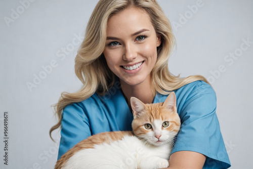 Portrait Of Happy Veterinarian Doctor Woman Holding A Cat, Posing With Healthy Feline Patient Over Gray Studio Background, Smiling At Camera. Pet Health Care And Routine Check Up Concept