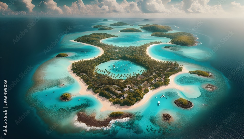 Aerial view of a tropical island with white sandy beaches and turquoise waters, surrounded by lush greenery.