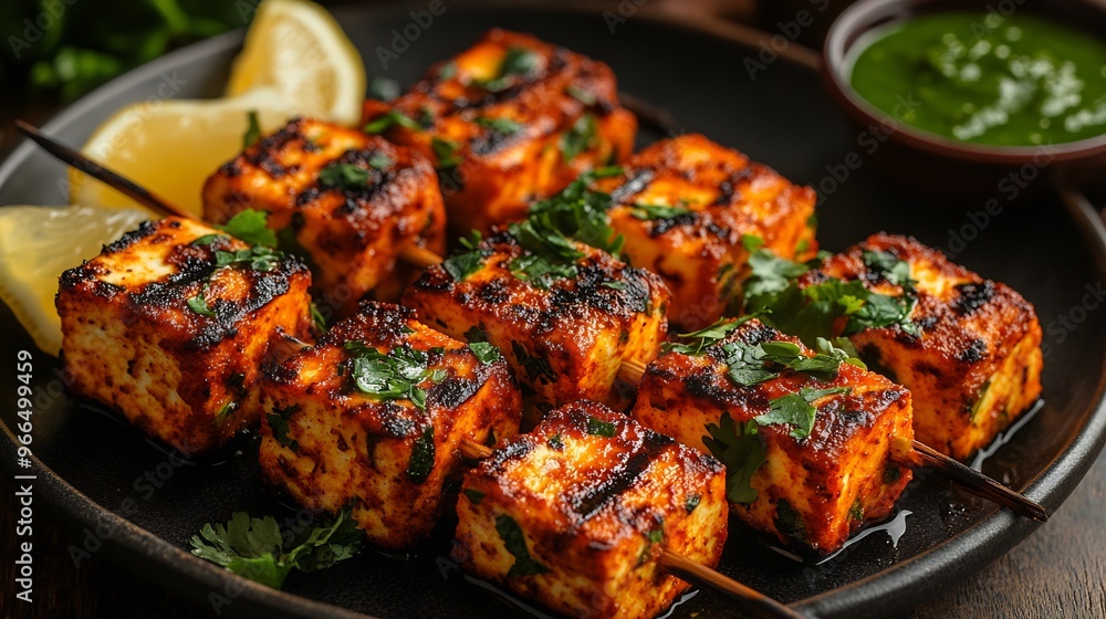 Spicy paneer tikka skewers marinated grilled served with mint chutney and lemon wedges on a ceramic plate Spicy paneer tikka skewers marinated grilled served with mint chutney and lemon wedges on a ceramic plate