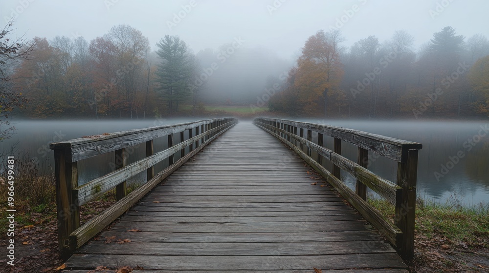 A serene wooden bridge extends into a foggy landscape, surrounded by autumn foliage. A serene wooden bridge extends into a foggy landscape, surrounded by autumn foliage.