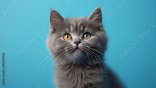 Humorous portrait of a gray cat set against a blue background Adorable fluffy kitten Space for copy The idea of pets