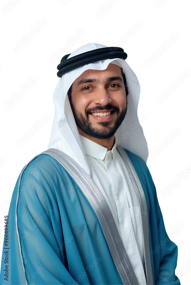 A man wearing a blue and white robe with a white scarf. Arabian business man, arabic businessman with beard from emirate dubai qatar or oman in traditional lifestyle of gulf east of business A man wearing a blue and white robe with a white scarf. Arabian business man, arabic businessman with beard from emirate dubai qatar or oman in traditional lifestyle of gulf east of business