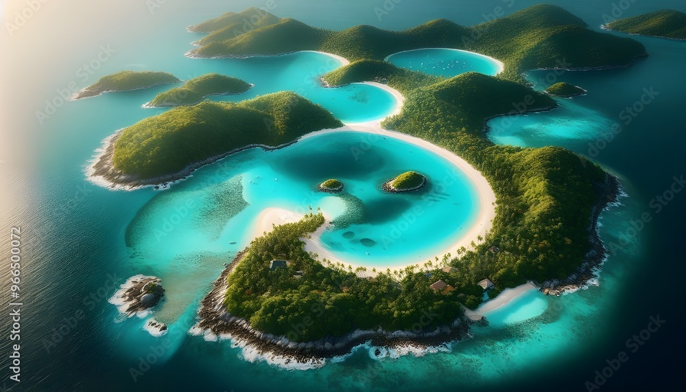 Aerial view of a tropical island with white sandy beaches and turquoise waters, surrounded by lush greenery