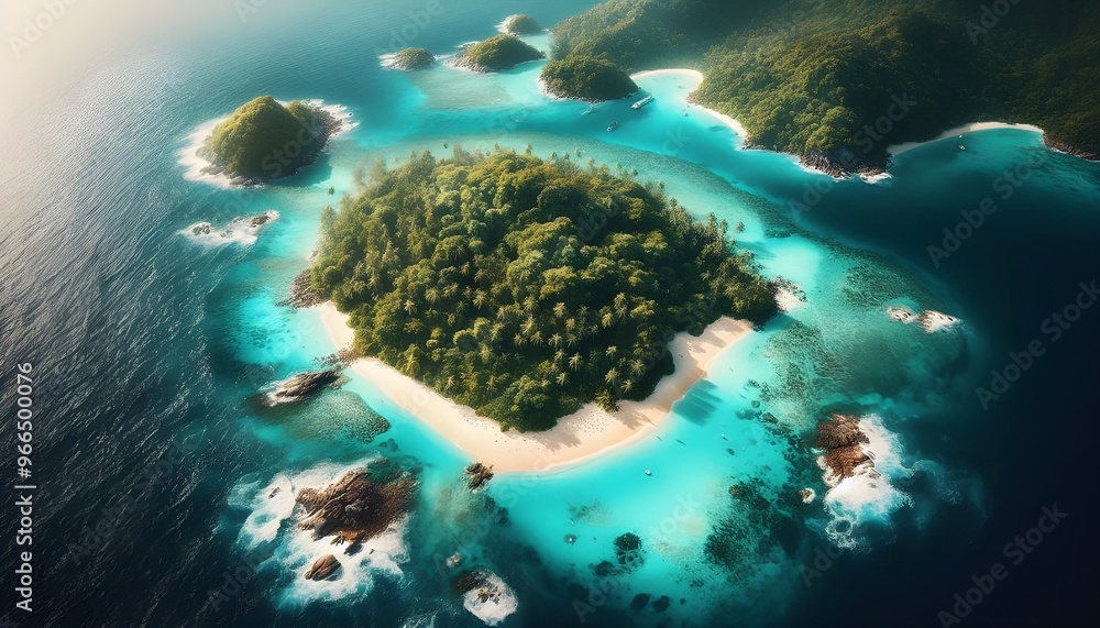 Aerial view of a tropical island with white sandy beaches and turquoise waters, surrounded by lush greenery