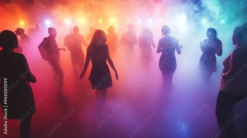 A vibrant dance scene with people moving through colorful fog and lights. A vibrant dance scene with people moving through colorful fog and lights.