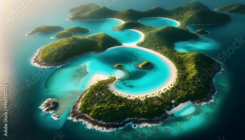 Obraz na płótnie Aerial view of a tropical island with white sandy beaches and turquoise waters, surrounded by lush greenery w salonie