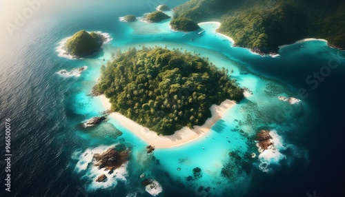 Aerial view of a tropical island with white sandy beaches and turquoise waters, surrounded by lush greenery