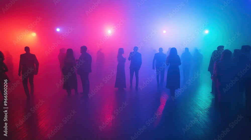 A vibrant party scene with silhouettes in colorful fog and lights. A vibrant party scene with silhouettes in colorful fog and lights.