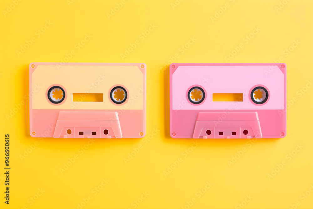 Fototapeta premium Colorful vintage cassette tapes against a bright yellow background showcasing retro music culture and nostalgia in a playful aesthetic setting