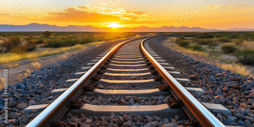 railroad tracks in the horizon with sunrise or sunset, copy space