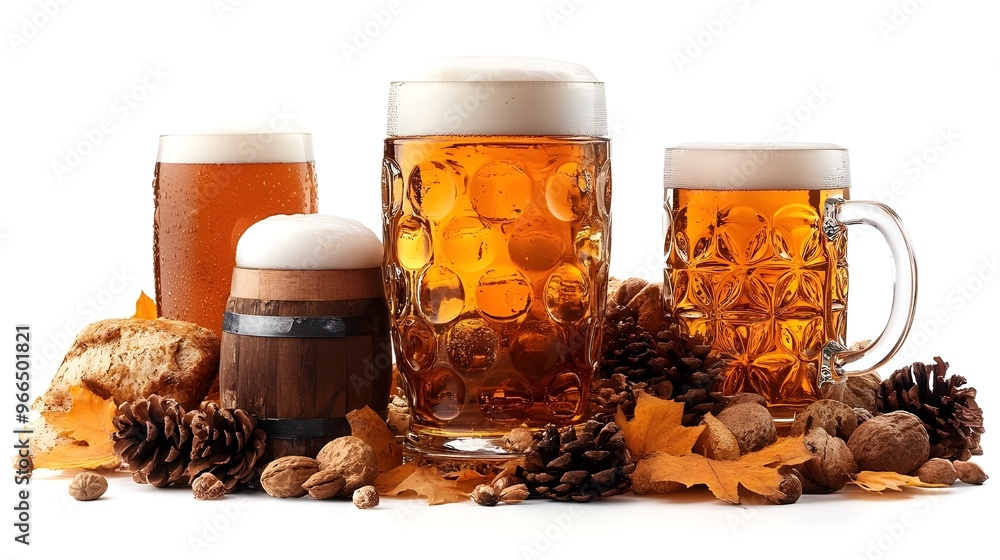 Fototapeta premium Four distinct glasses of beer in various shapes and sizes, presented on a white background. 
