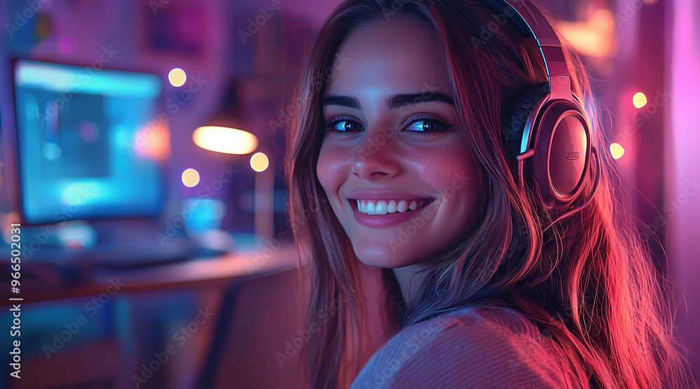 a beautiful smiling woman, is on the right side of the photo, she has headphones on, in the background a room and a desk with notes a beautiful smiling woman, is on the right side of the photo, she has headphones on, in the background a room and a desk with notes