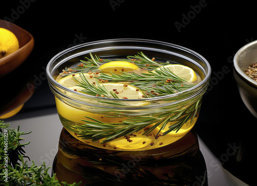 Bowl of infused oil with lemon slices, rosemary sprigs, and spices. fragrant salad oil photo