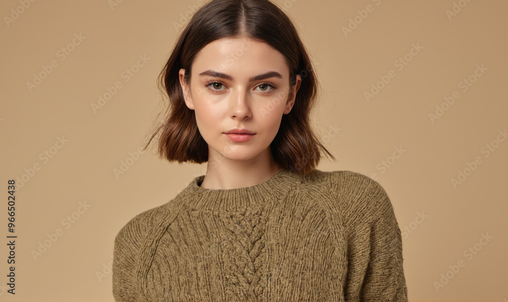 A woman with short brown hair wearing a brown sweater looks at the camera A woman with short brown hair wearing a brown sweater looks at the camera