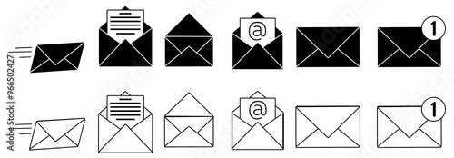 Email message icon set. Email, mail and letter envelope icon. Containing send, receive, read, inbox symbol and buttons for app and website. Vector illustration