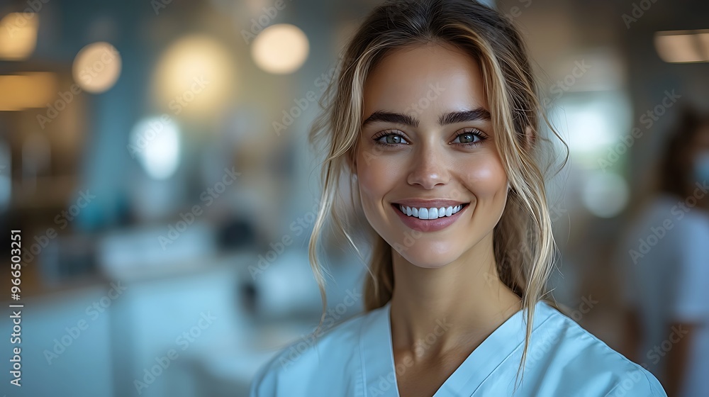 Obraz premium A young woman with a bright smile, wearing a white lab coat, looking directly at the camera.
