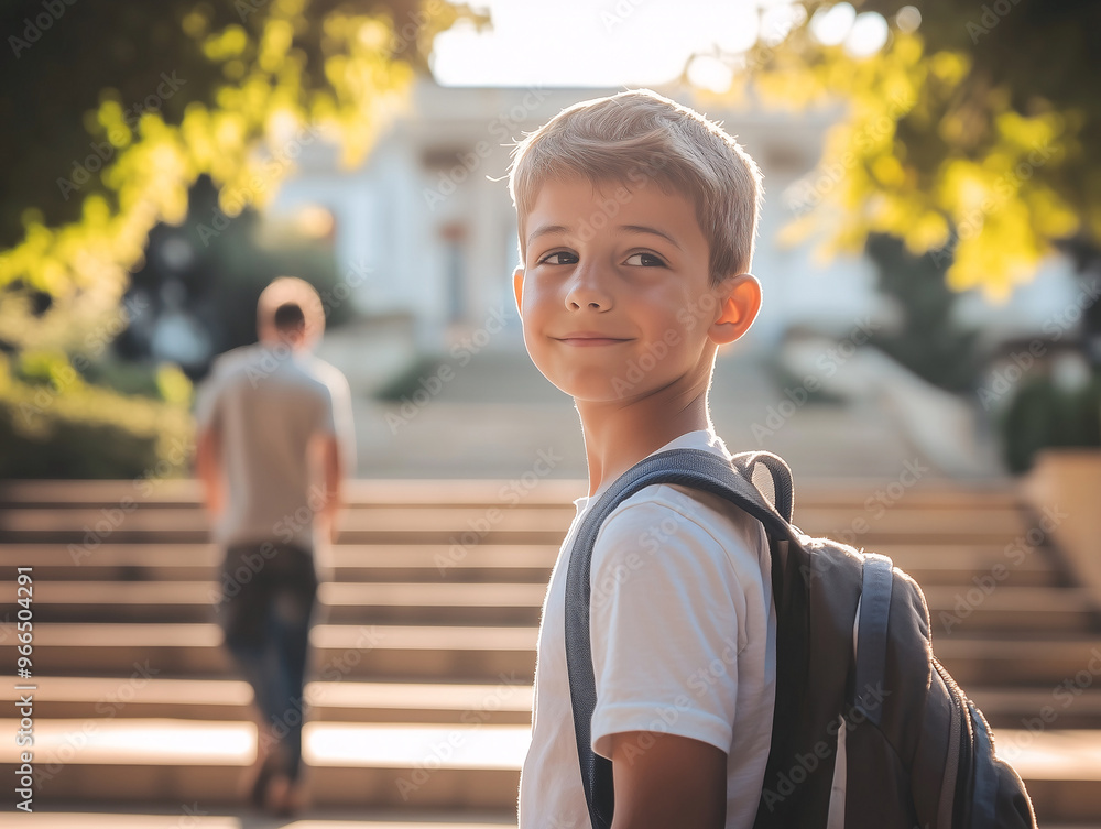 A young boy smiling confidently on school steps A young boy smiling confidently on school steps