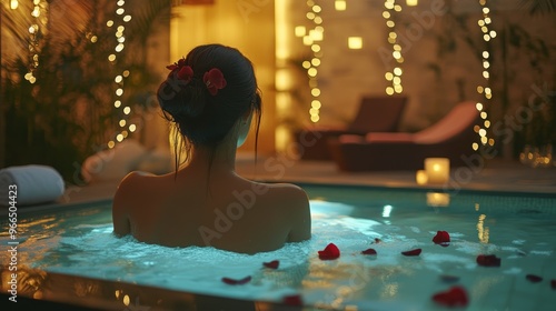 woman enjoying a day at the spa, wellness day with pool and meditation, daises in the foreground
 photo