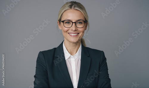 A woman in a black blazer and white shirt smiles confidently at the camera