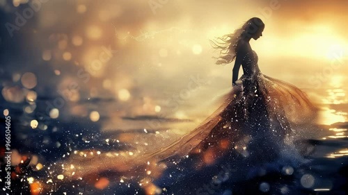 Goddess of fairy in magical dress walks on water, magical sea scene