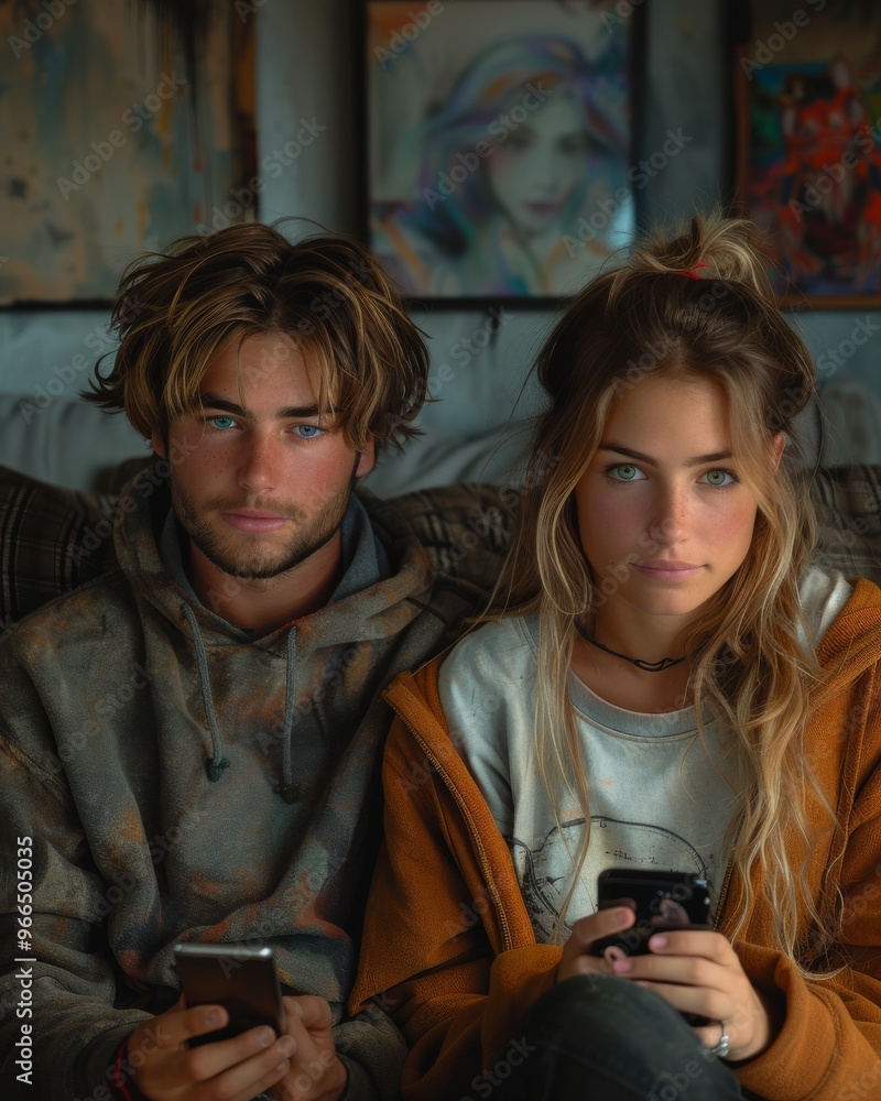 Fototapeta premium A young couple sitting together on a couch, each looking at their own smartphones