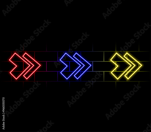 left and right neon arrows. neon road sign. Neon glowing arrow pointer black background.