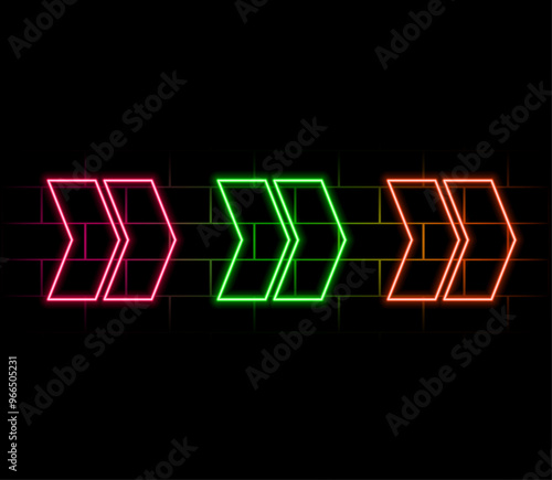 Abstract background with neon lights of green blue pink violet colors glowing in arrowhead lines pattern on shiny reflecting stage