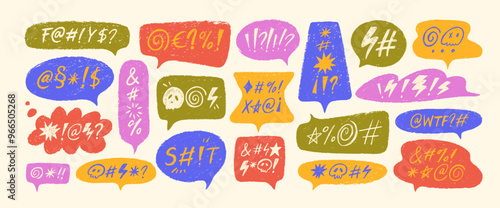 Crayon drawn colorful speech bubbles with abstract swear words. Chalk pencil speech bubbles doodle set.