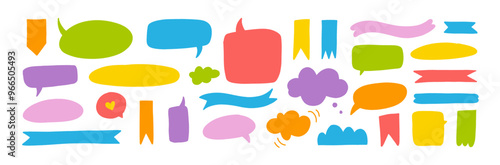 Set of hand drawn colorful funky style speech bubbles and ribbons. Various vector doodle talk balloon shapes, ribbon banners. Speech bubble elements, cute conversation icons. Childish or kid banners