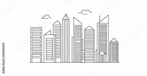 The modern illustration set consists of skyscraper buildings, linear townscapes, and a modern downtown district or business district.