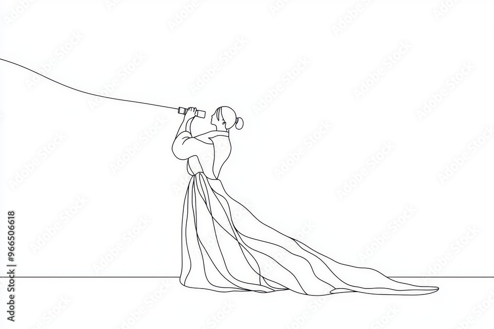 Continuous line drawing depicting a girl looking into distance with ...