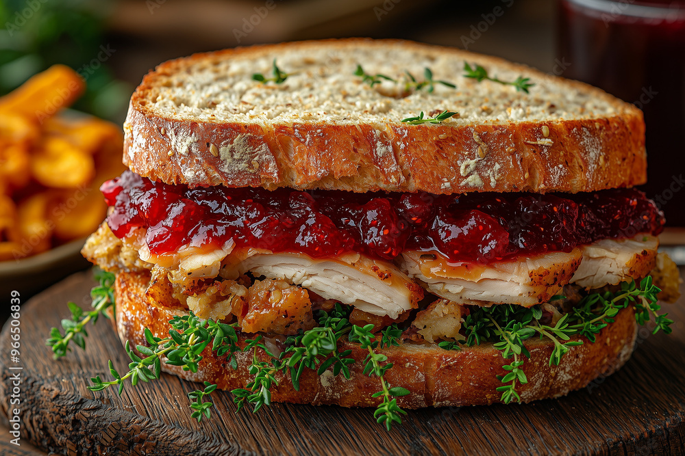 A close-up of a Thanksgiving leftovers sandwich, packed with turkey, stuffing, cranberry sauce, and gravy, served on artisan bread. The perfect post-holiday comfort meal A close-up of a Thanksgiving leftovers sandwich, packed with turkey, stuffing, cranberry sauce, and gravy, served on artisan bread. The perfect post-holiday comfort meal