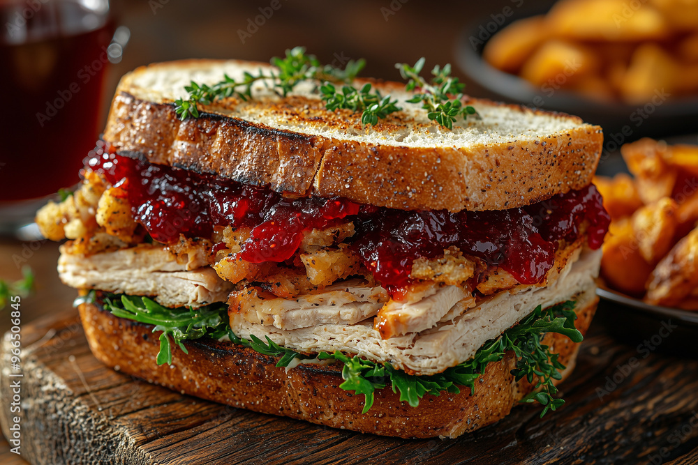 A close-up of a Thanksgiving leftovers sandwich, packed with turkey, stuffing, cranberry sauce, and gravy, served on artisan bread. The perfect post-holiday comfort meal A close-up of a Thanksgiving leftovers sandwich, packed with turkey, stuffing, cranberry sauce, and gravy, served on artisan bread. The perfect post-holiday comfort meal