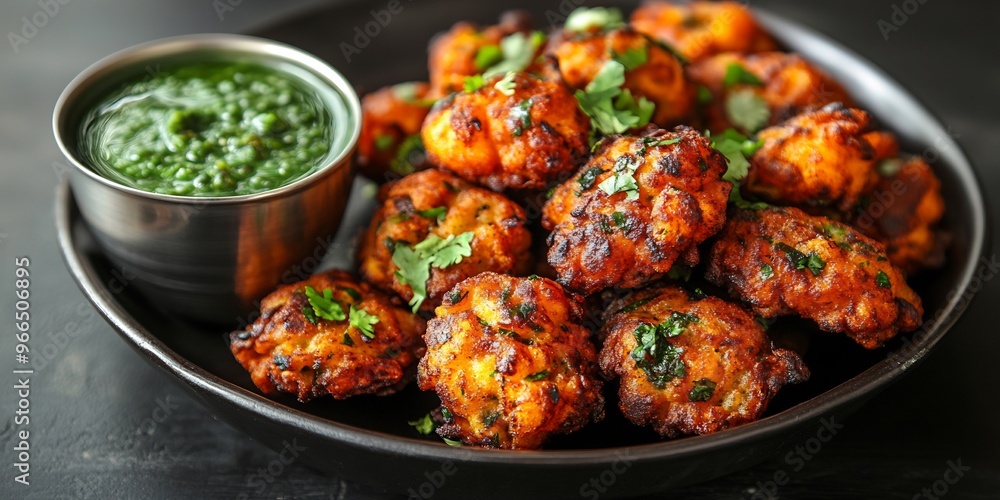 Closeup of spicy golden pakoras served with green chutney and a cup of hot masala chai in a cozy setting Closeup of spicy golden pakoras served with green chutney and a cup of hot masala chai in a cozy setting