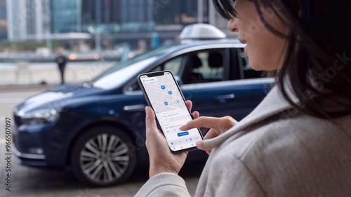 Online ordering taxi car, rent and sharing using service mobile application. Woman near smartphone screen with route and pointslocation on a city map on the car and urban landscape background.