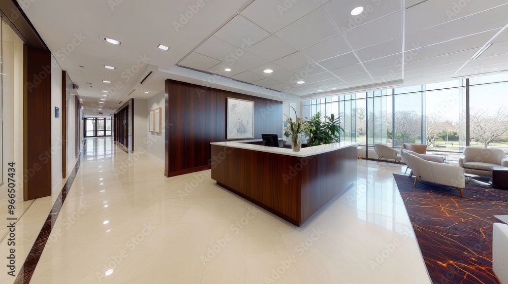 Modern Office Lobby with Reception Desk and Lounge Area Modern Office Lobby with Reception Desk and Lounge Area