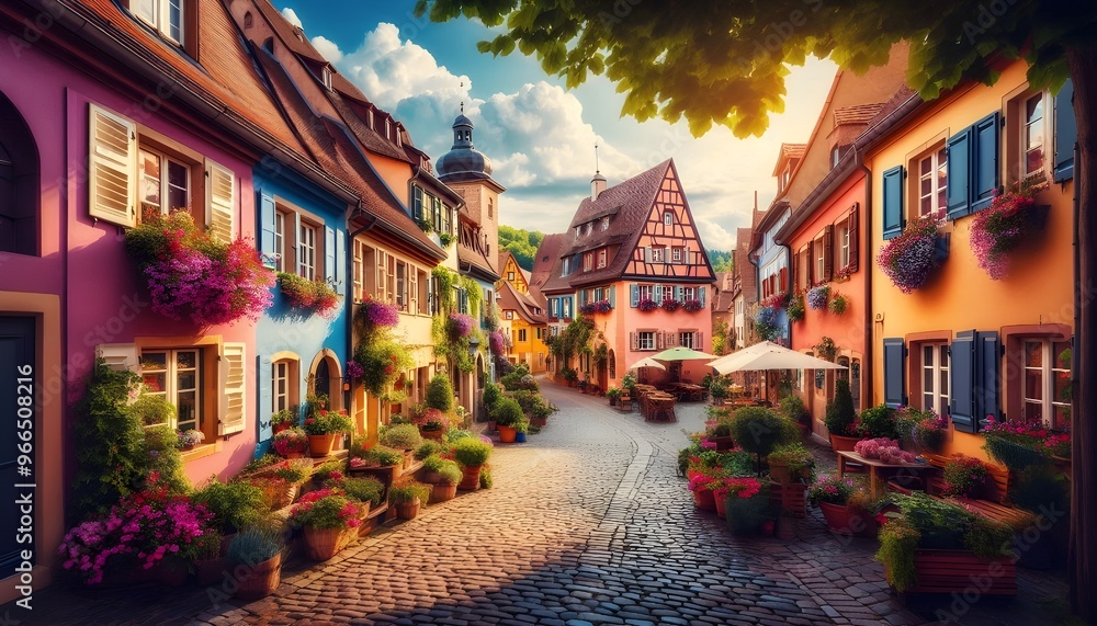 Picturesque European village with cobblestone streets, colorful houses, and blooming flower boxes