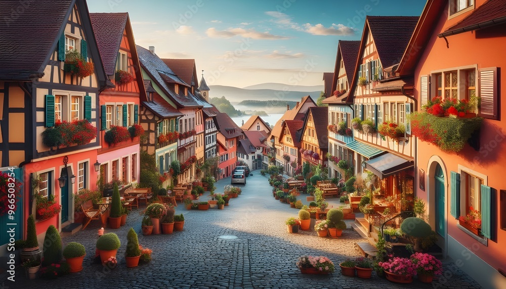 Picturesque European village with cobblestone streets, colorful houses, and blooming flower boxes