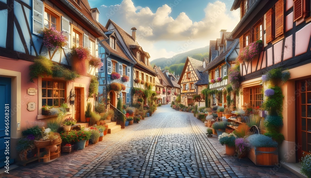 Picturesque European village with cobblestone streets, colorful houses, and blooming flower boxes
