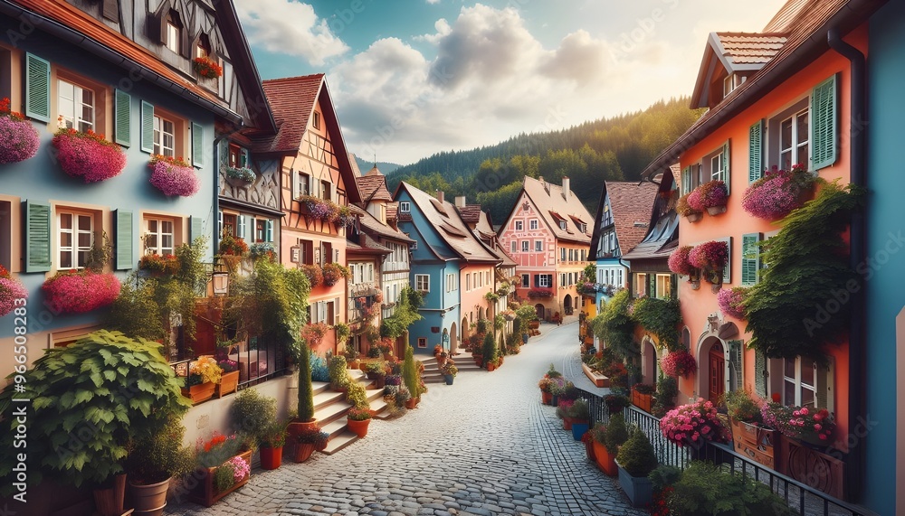 Picturesque European village with cobblestone streets, colorful houses, and blooming flower boxes