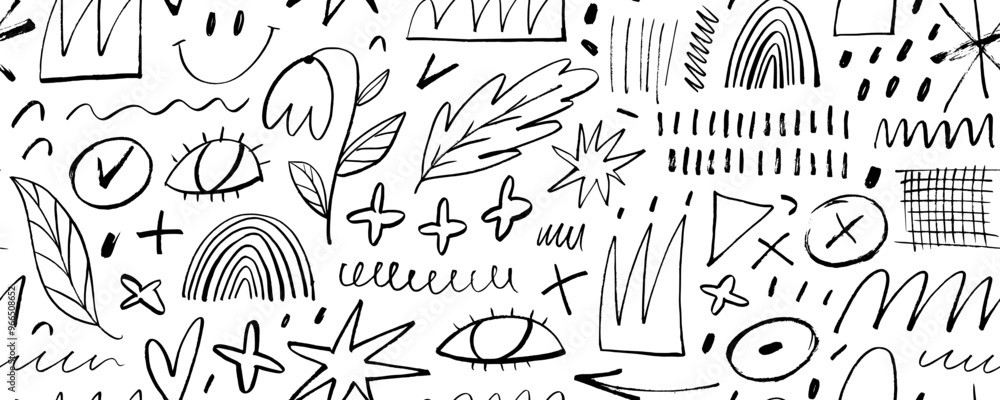 Various pencil or charcoal shapes and lines seamless pattern. Doodle eyes, stars, crowns and squiggles shapes. Various pencil or charcoal shapes and lines seamless pattern. Doodle eyes, stars, crowns and squiggles shapes.
