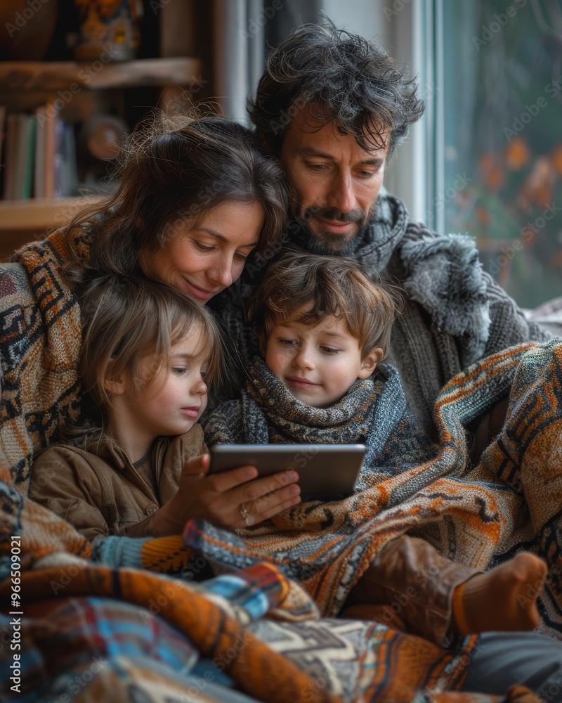 A family sitting on a couch, watching a movie on a tablet together. A family sitting on a couch, watching a movie on a tablet together.