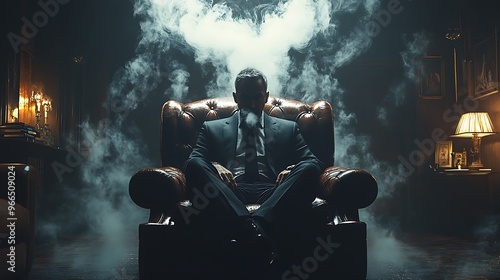 A man in a suit sits in a leather armchair surrounded by smoke.