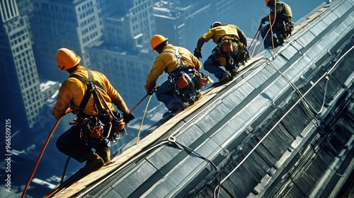 Construction Workers on a Skyscraper Roof with Safety Gear photo