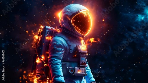 An astronaut in a spacesuit surrounded by cosmic fire, set against a backdrop of stars and galaxies.
