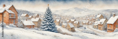 Picturesque Snowy Village with Wooden Houses and a Beautifully Lit Christmas Tree – Holiday Banner Landscape for Wintertime Celebrations