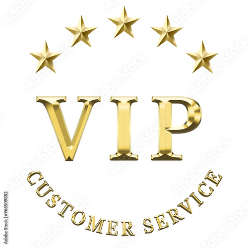 VIP customer service badge for premium products or services symbolized by five gold stars and gold text. Transparent
