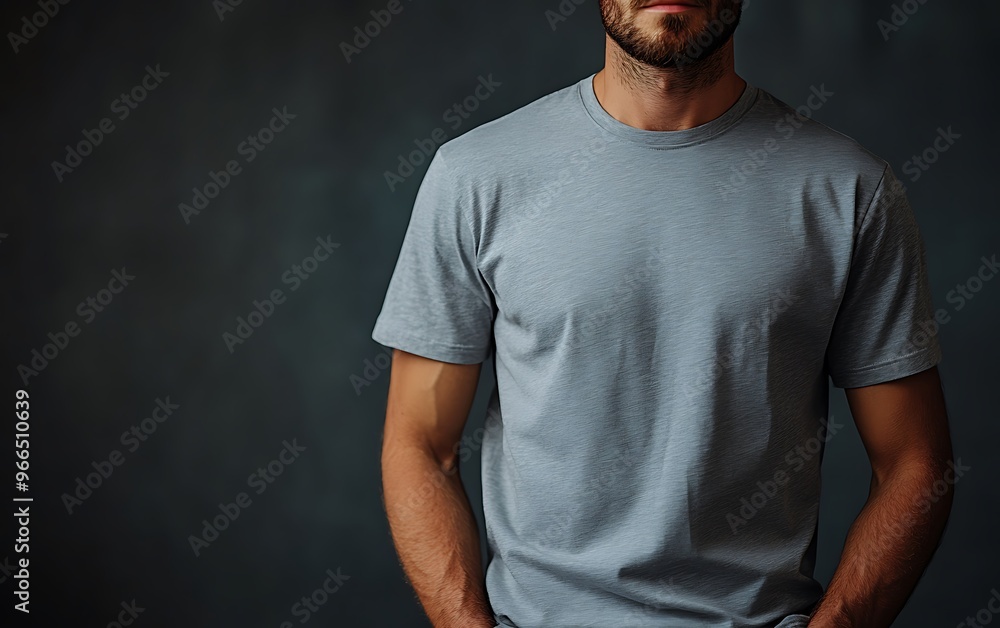 A man wearing a plain grey t-shirt standing with his hands in his pockets against a dark background. A man wearing a plain grey t-shirt standing with his hands in his pockets against a dark background.