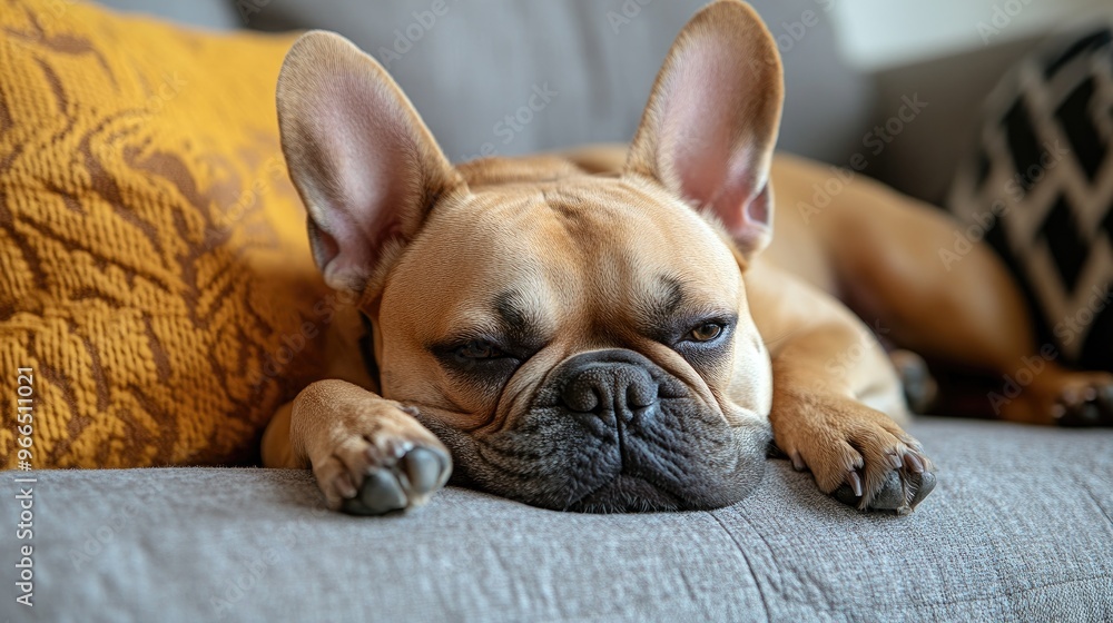 Adorable French Bulldog Relaxing on a Couch with Decorative Pillows Adorable French Bulldog Relaxing on a Couch with Decorative Pillows